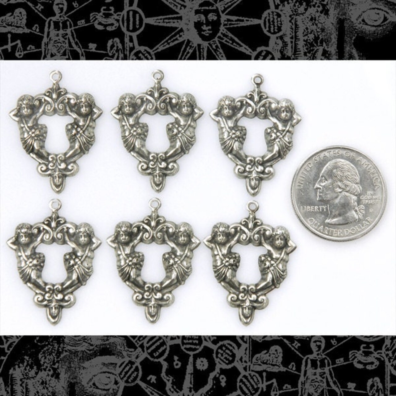 Antiqued Silver Plated Brass Double Cherub Charms - Set of Six - S-C39
